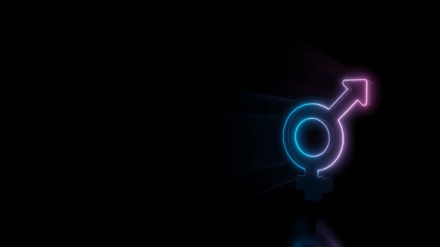 Abstract 3d rendering glowing blue purple neon symbol of transgender sign with glowing outlines with rays on black background with reflection