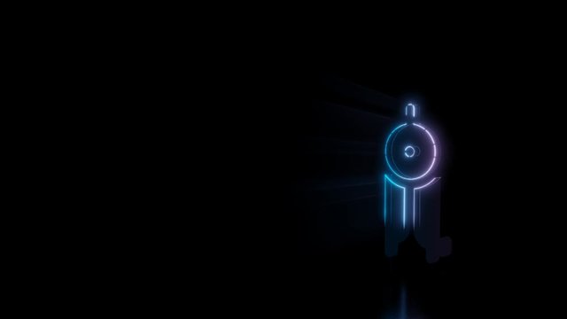 Abstract 3d rendering glowing blue purple neon symbol of drafting compass with glowing outlines with rays on black background with reflection