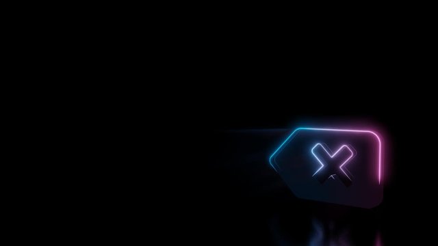Abstract 3d rendering glowing blue purple neon symbol of backspace button with cross with glowing outlines with rays on black background with reflection