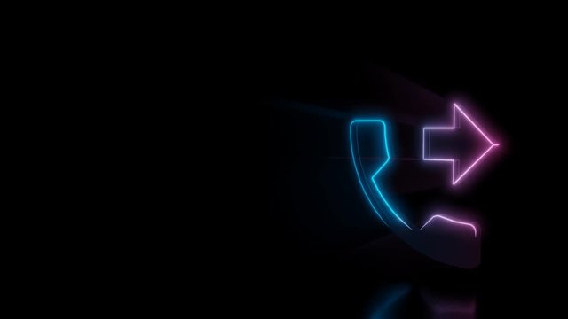 Abstract 3d rendering glowing blue purple neon symbol of headphone with incoming arrow with glowing outlines with rays on black background with reflection