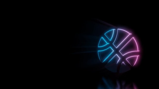 Abstract 3d rendering glowing blue purple neon symbol of basketball ball with glowing outlines with rays on black background with reflection
