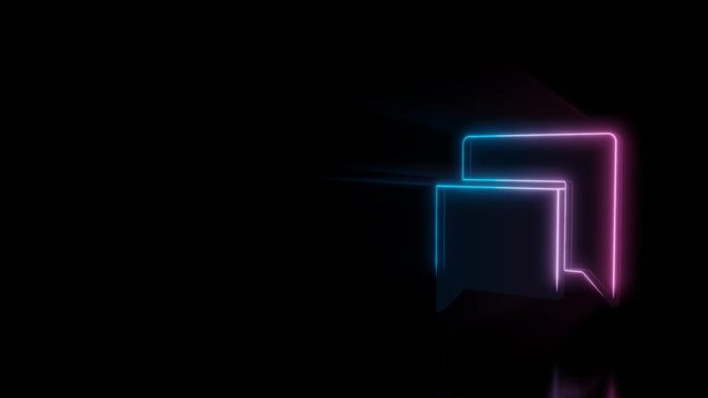 Abstract 3d rendering glowing blue purple neon symbol of two rectangular chat bubbles with glowing outlines with rays on black background with reflection