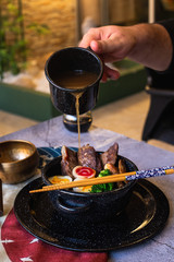 Ramen, oriental soup with protein