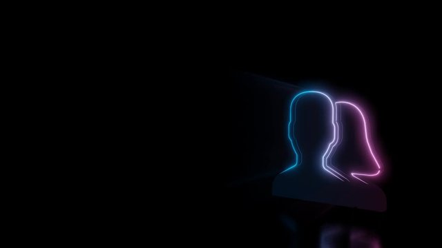 Abstract 3d rendering glowing blue purple neon symbol of two users male in fron of female with glowing outlines with rays on black background with reflection