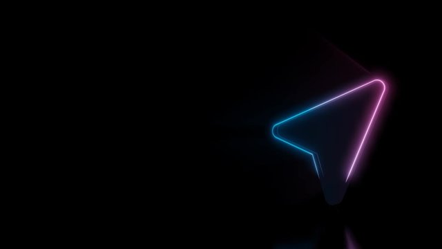Abstract 3d rendering glowing blue purple neon symbol of compass arrow with glowing outlines with rays on black background with reflection