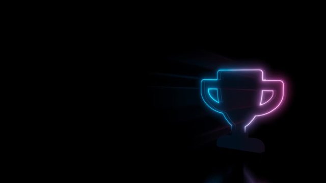 Abstract 3d rendering glowing blue purple neon symbol of winner cup with glowing outlines with rays on black background with reflection