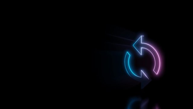 Abstract 3d rendering glowing blue purple neon symbol of loading arrows with glowing outlines with rays on black background with reflection