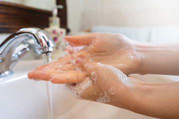 Fototapeta premium prevention wash hands with soap warm water and , rubbing nails and fingers washing frequently or using hand sanitizer gel.
