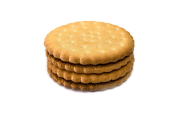 two sandwich cookies on a white background. Tasty cracker close-up.