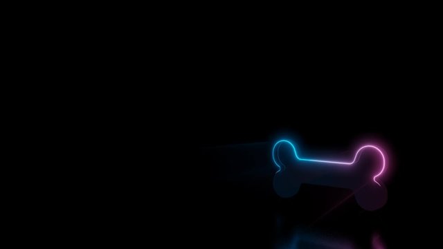Abstract 3d rendering glowing blue purple neon symbol of single bone with glowing outlines with rays on black background with reflection