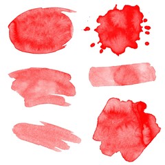 Set of red watercolor paint strokes and splashes