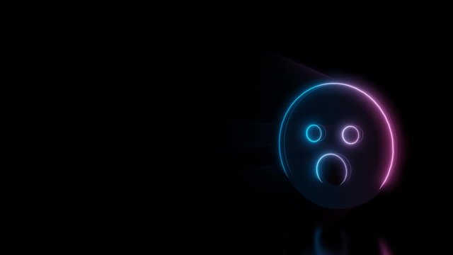 Abstract 3d rendering glowing blue purple neon symbol of surprise emoticon with glowing outlines with rays on black background with reflection