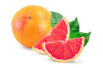 Grapefruit and slice with leaves isolated on white background. With clipping path and full depth of field