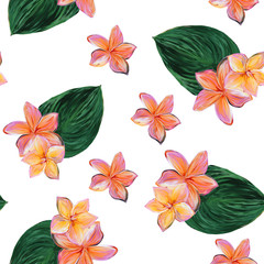 Frangipani Plumeria Tropical Flowers. Seamless White pattern Background. Tropical floral summer seamless pattern background with plumeria flowers with leaves