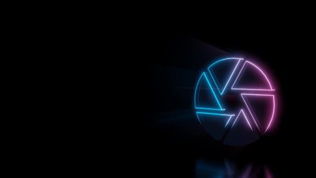 Abstract 3d rendering glowing blue purple neon symbol of camera aperture with glowing outlines with rays on black background with reflection