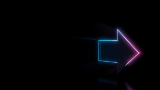Abstract 3d rendering glowing blue purple neon symbol of right arrow with glowing outlines with rays on black background with reflection