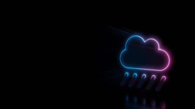 Abstract 3d rendering glowing blue purple neon symbol of heavy rain cloud  with glowing outlines with rays on black background with reflection