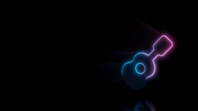 Abstract 3d rendering glowing blue purple neon symbol of guitar instrument with glowing outlines with rays on black background with reflection
