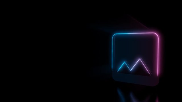Abstract 3d rendering glowing blue purple neon symbol of image witm mountains in rounded square with glowing outlines with rays on black background with reflection