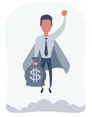 Businessman superhero flies up with moneybag. Business concept's power and uniqueness. Vector illustration flat design