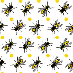 Vector seamless pattern with wasps and yellow honeycombs