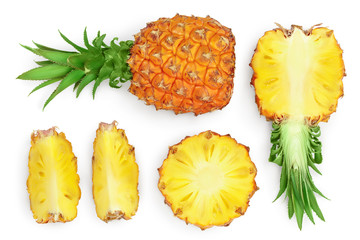 pineapple isolated on white background with clipping path and full depth of field. Top view. Flat lay - obrazy, fototapety, plakaty