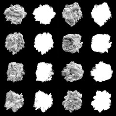 Isolated abstract white smoke with turbulent motion, Multi-color powder, fog, smoke explosion. alpha channel with black/white matte for post-production, digital composition. 3D render