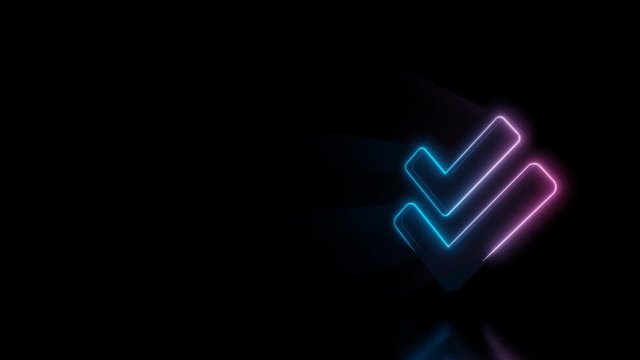Abstract 3d rendering glowing blue purple neon symbol of double check mark with glowing outlines with rays on black background with reflection