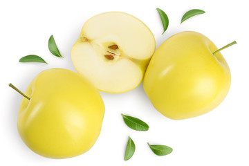 yellow apple with half isolated on white background with clipping path and full depth of field. Top view. Flat lay.