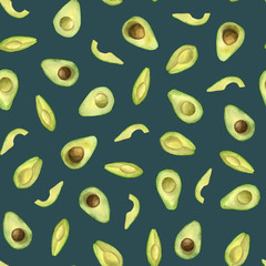 Seamless pattern with watercolor avocado. Healthy food endless pattern. Vegetarian background. Vegetables illustration. Perfect for fabric, textile, website design, postcard, invitation, wraping. 