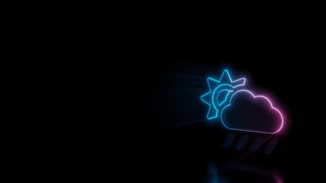 Abstract 3d rendering glowing blue purple neon symbol of rainy cloud partly cover sun with glowing outlines with rays on black background with reflection