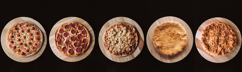 Assorted pizzas collage top view (pizza with cherry tomatoes, cheese, pepperoni)