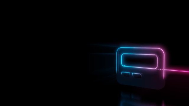 Abstract 3d rendering glowing blue purple neon symbol of pager with glowing outlines with rays on black background with reflection