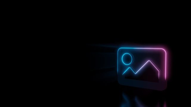 Abstract 3d rendering glowing blue purple neon symbol of picture with mountains and sun with glowing outlines with rays on black background with reflection
