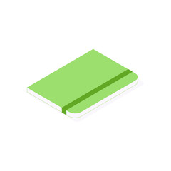 Paper notebook isometric icon, green copy book with elastic ribbon isolated on white background.