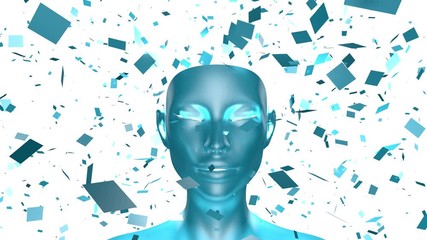 3D illustration of a head dissolving into fragments symbolising either a thinking creative mind or a artificial intelligence.