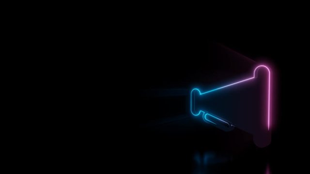 Abstract 3d rendering glowing blue purple neon symbol of old megaphone with handle with glowing outlines with rays on black background with reflection