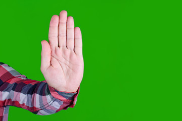 Open hand stop gesture background. Palm sign - no, dont, forbidden. Danger warning symbol isolated on green screen. - Powered by Adobe