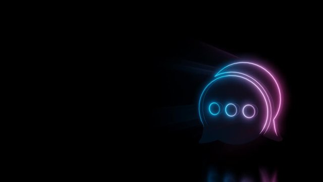 Abstract 3d rendering glowing blue purple neon symbol of two rounded chat bubbles with three dots with glowing outlines with rays on black background with reflection