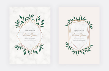 Botanical design cards with geometric marble frames and green leaves. Trendy templates for wedding invitation, banner, flyer, poster, greeting.
