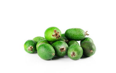 Ripe feijoa fruits are isolated on a white background.