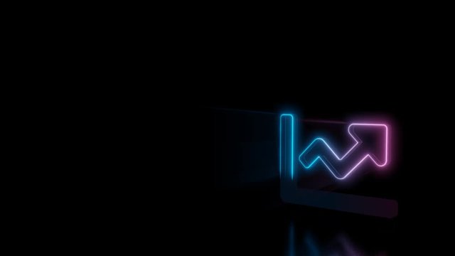 Abstract 3d rendering glowing blue purple neon symbol of chart with arrow with glowing outlines with rays on black background with reflection
