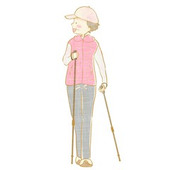 Healthy older woman nordic walking with walking poles 2