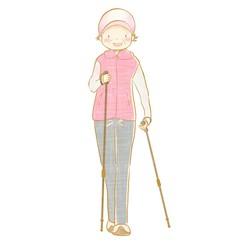 Healthy older woman nordic walking with walking poles 1