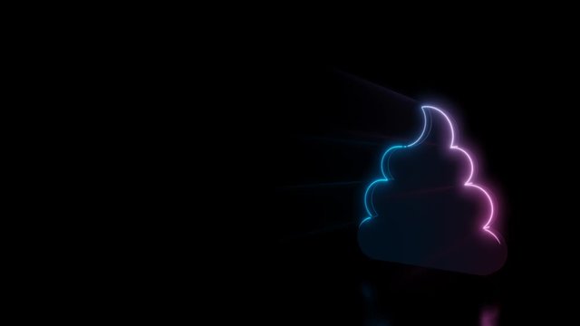 Abstract 3d rendering glowing blue purple neon symbol of poo with glowing outlines with rays on black background with reflection
