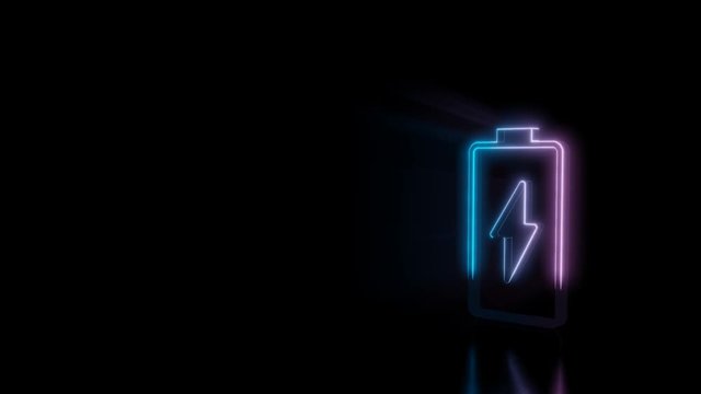 Abstract 3d rendering glowing blue purple neon vertical vertical symbol of charging empty battery with flash with glowing outlines with rays on black background with reflection