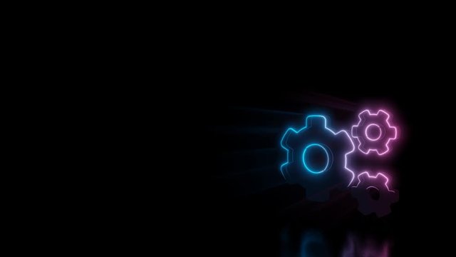 Abstract 3d rendering glowing blue purple neon symbol of big cogwheel and two small cogwheels with glowing outlines with rays on black background with reflection