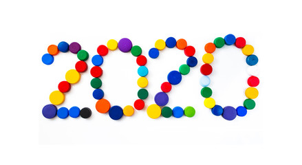 Year 2020 made with bottle caps on isolated background