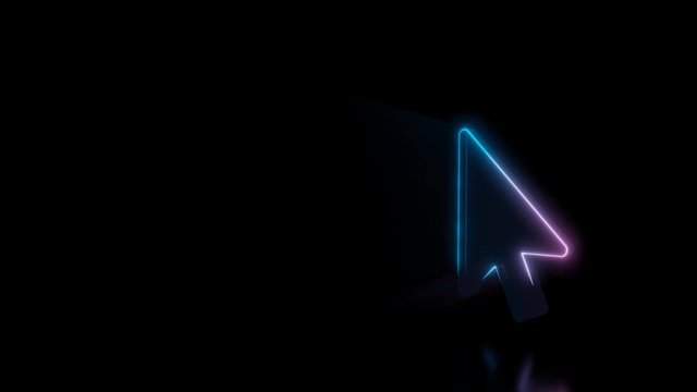 Abstract 3d rendering glowing blue purple neon symbol of mouse pointer arrow with glowing outlines with rays on black background with reflection