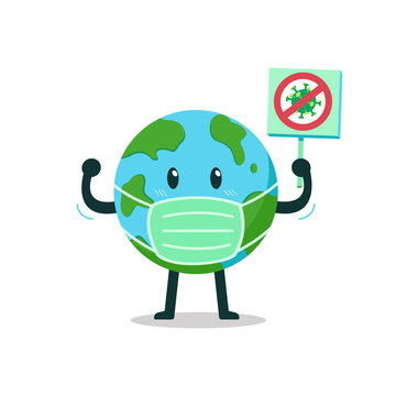 Cartoon character earth wearing protective mask with anti virus sign for design.
